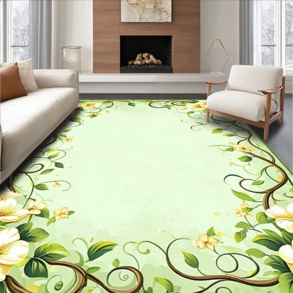 Flatwoven High Traffic Area Rug, Light Green Square Pretty Floral Shower Gentle, Non Slip, Stain Resistant, Washable Area Rugs for Living Room, Bedroom(Green, 2X3)
