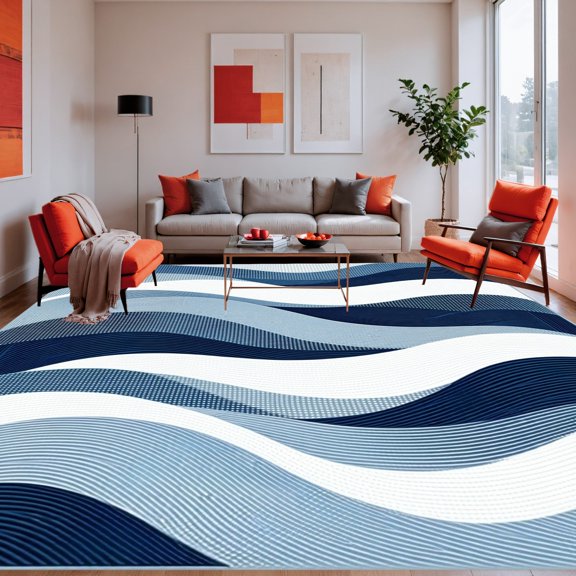 Flatwoven High Traffic Area Rug, Linear Wave Runner with Smooth Curved Interlocking Bands, Non Slip, Stain Resistant, Washable Area Rugs for Living Room, Bedroom(Blue, 2X3)