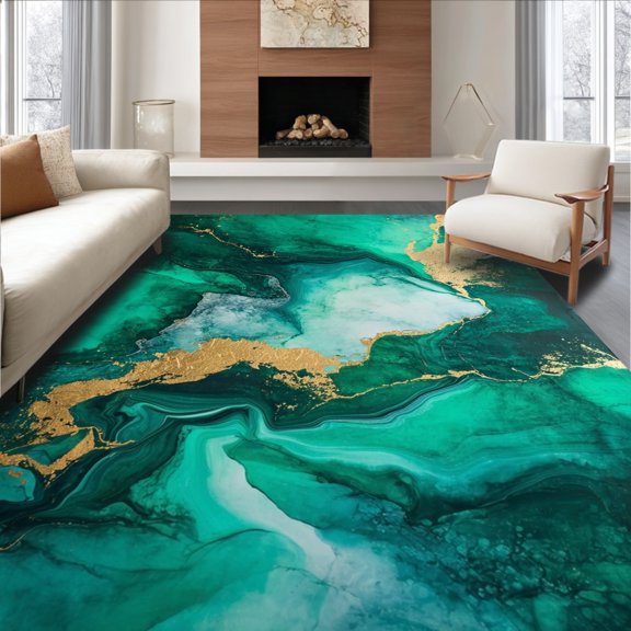 Flatwoven High Traffic Area Rug, Liquid Marble Swirls Teal Emerald Gold Abstract Art Rug, Non Slip, Stain Resistant, Washable Area Rugs for Living Room, Bedroom(Emerald Green, 2X3)