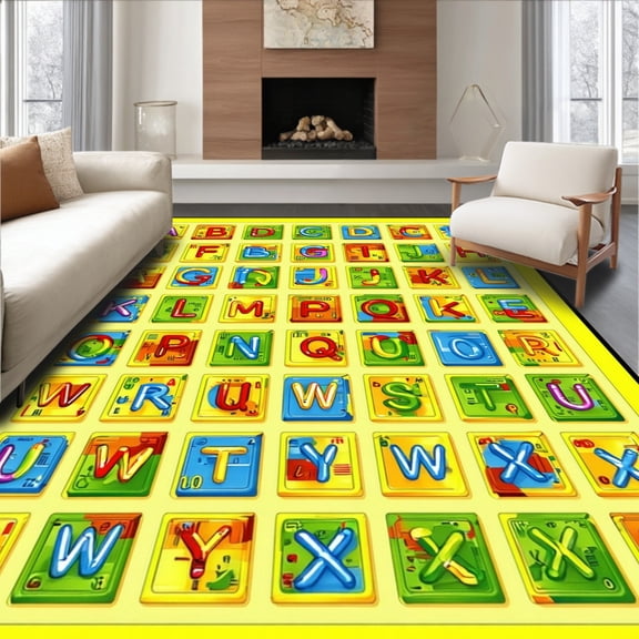 ODIKA 2'x3' Machine Washable Non-Slip Area Rug, Lively Kaleidoscopic Educational Display High Traffic Rug, Yellow, 9416
