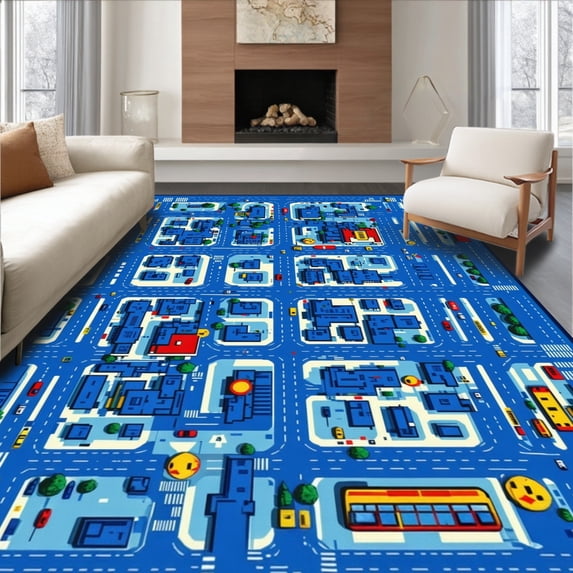 ODIKA 5'x7' Machine Washable Non-Slip Area Rug, Lively Traffic and Building Illustration High Traffic Rug, Blue, 22434