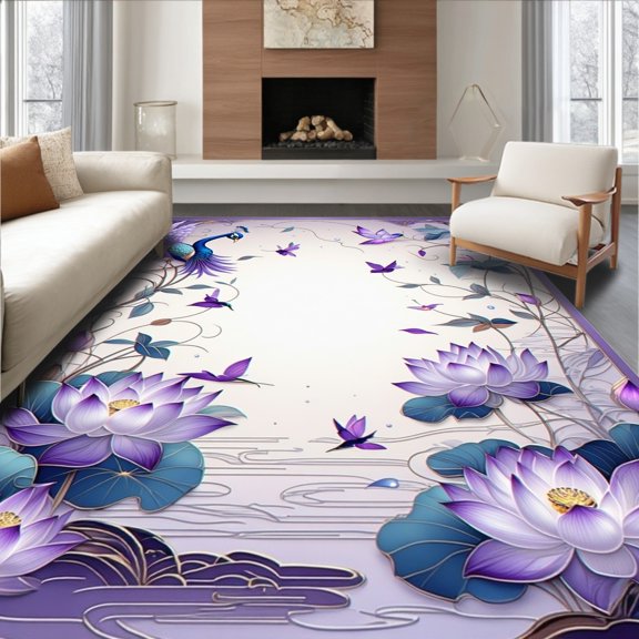 Flatwoven High Traffic Area Rug, Lotus Rococo Peacock Pearl Shimmering Lavendar Wavy Amethyst, Non Slip, Stain Resistant, Washable Area Rugs for Living Room, Bedroom(Purple, 5X7)