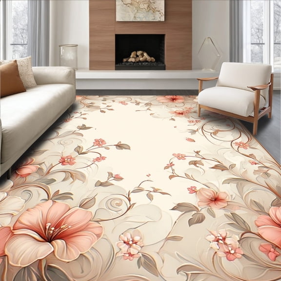 ODIKA 4'x6' Machine Washable Non-Slip Area Rug, Love Shack Fancy Style Abstract Floral Swirl with Romantic Curves High Traffic Rug, Coral, 229814