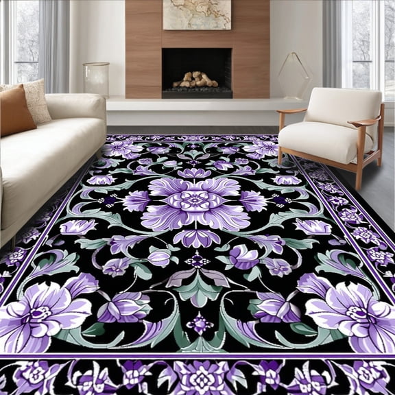 ODIKA 5'x7' Machine Washable Non-Slip Area Rug, Profile Purple with Intricate Lavender and Green Floral Medallions High Traffic Rug, Black, 83828