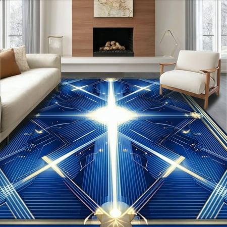ODIKA 5'x7' Machine Washable Non-Slip Area Rug, Lumen Trapezoid Corridor with Extractor Lines and Search High Traffic Rug, Blue, 190112