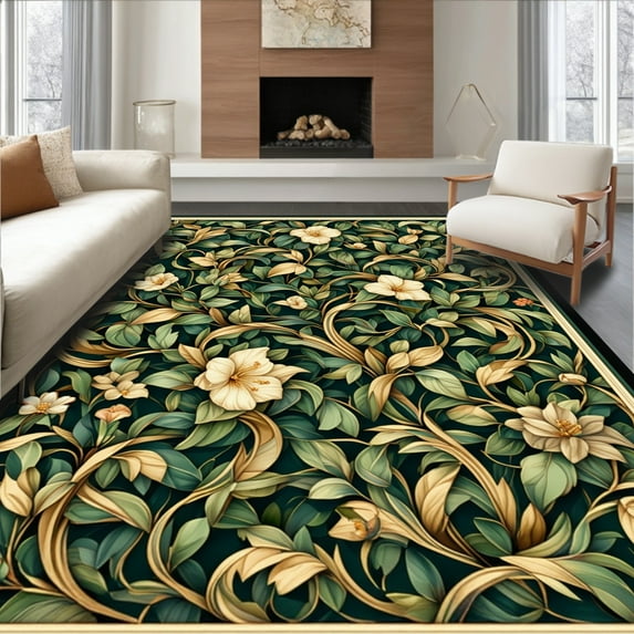 ODIKA 4'x6' Machine Washable Non-Slip Area Rug, Lush Botanical Motif with Interlaced Floral Vines High Traffic Rug, Green, 198706