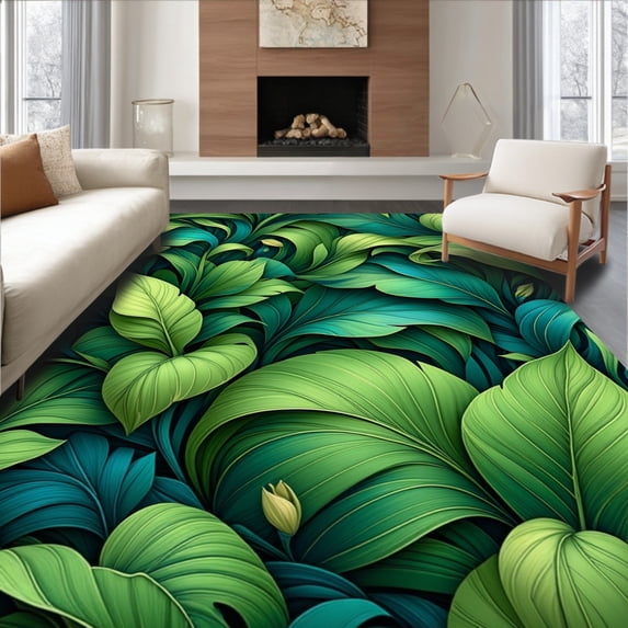 ODIKA 3'x5' Machine Washable Non-Slip Area Rug, Lush Foliage with Leaf Clusters and Vine Swirls High Traffic Rug, Green, 196738