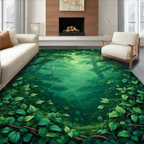 ODIKA 2'x3' Machine Washable Non-Slip Area Rug, Lush Forest Canopy with Leafy Vines Design High Traffic Rug, Green, 149930