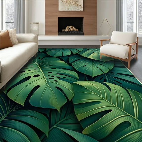 ODIKA 3'x5' Machine Washable Non-Slip Area Rug, Lush Green Botanical Aesthetic High Traffic Rug, Green, 4823
