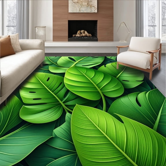 Flatwoven High Traffic Area Rug, Lush Monstera Leaf, Non Slip, Stain Resistant, Washable Area Rugs for Living Room, Bedroom(Green, 4X6)