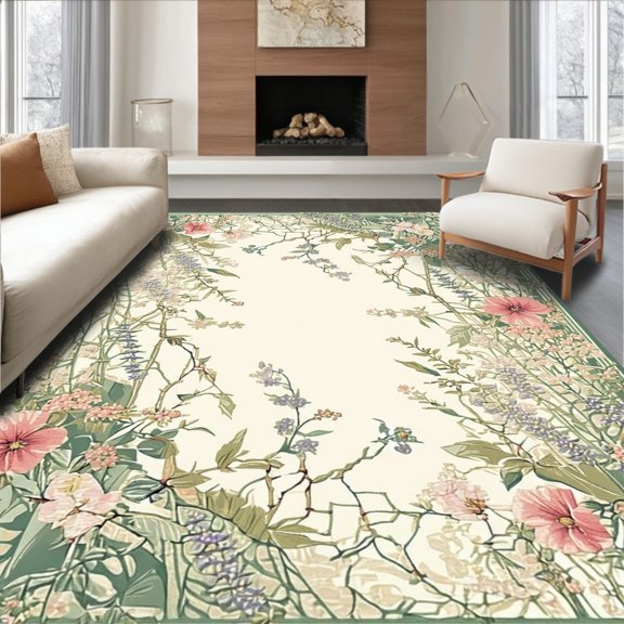 Flatwoven High Traffic Area Rug, Lush Rustic Botanical Illustration, Non Slip, Stain Resistant, Washable Area Rugs for Living Room, Bedroom(Ivory, 2X3)