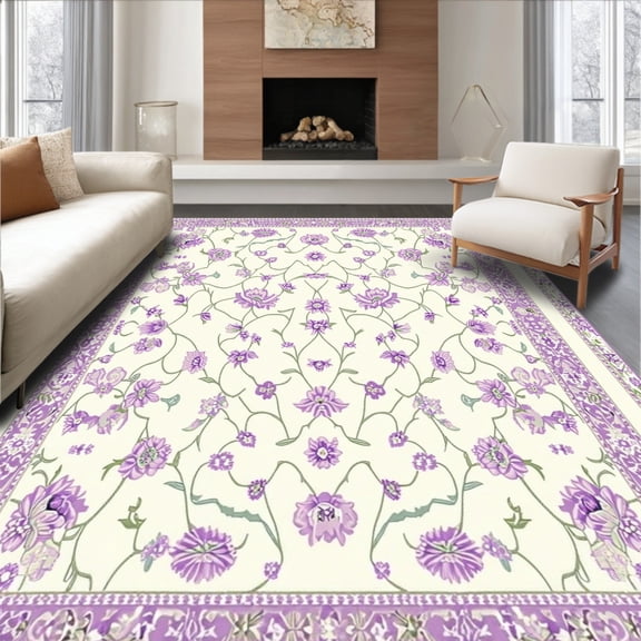ODIKA 4'x6' Machine Washable Non-Slip Area Rug, Lush Springtime Blossom Appeal High Traffic Rug, White, 34506