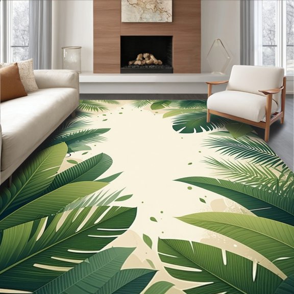 ODIKA 2'x3' Machine Washable Non-Slip Area Rug, Lush Tropical Escape Green Beige Leaf High Traffic Rug, Green, 45100