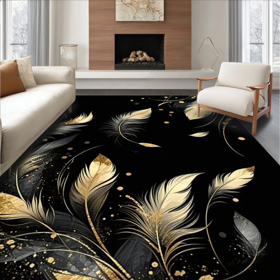 Flatwoven High Traffic Area Rug, Luxe Plumage with Contemporary Noir and Metallic Gold Design, Non Slip, Stain Resistant, Washable Area Rugs for Living Room, Bedroom(Black, 8X10)