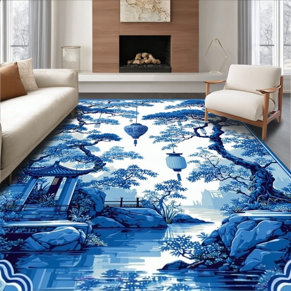 ODIKA 2'x3' Machine Washable Non-Slip Area Rug, Luxurious Abstract Topiary Composition High Traffic Rug, Blue, 29172