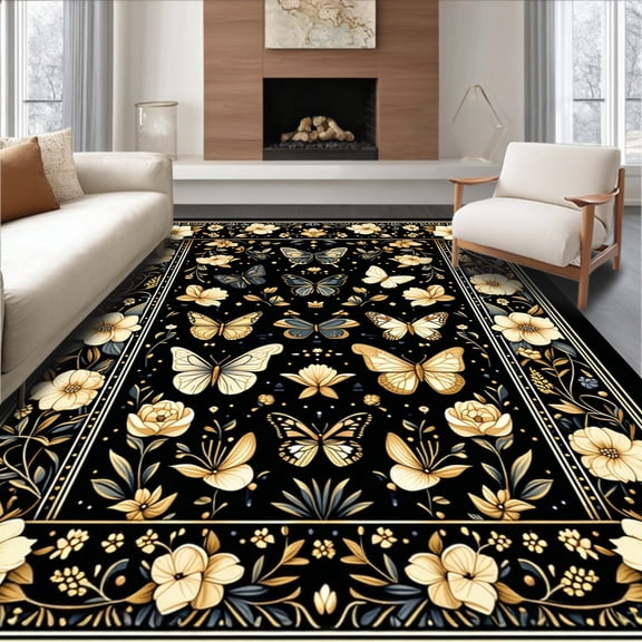 ODIKA 5'x7' Machine Washable Non-Slip Area Rug, Luxurious Dark Entomological Art High Traffic Rug, Black, 10004