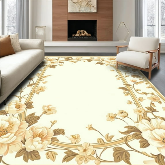 ODIKA 4'x6' Machine Washable Non-Slip Area Rug, Luxurious Double Oval with Intricate Floral Motifs and Colors High Traffic Rug, Beige, 157712