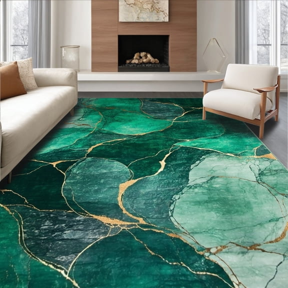 ODIKA 6'x9' Machine Washable Non-Slip Area Rug, Luxurious Emerald Swirl Round Contemporary Abstract High Traffic Rug, Green, 83576