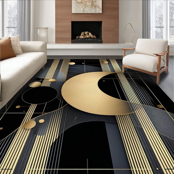 ODIKA 8'x10' Machine Washable Non-Slip Area Rug, Luxurious Geometric Onyx With Gilded Curved Lines Art High Traffic Rug, Black, 87326