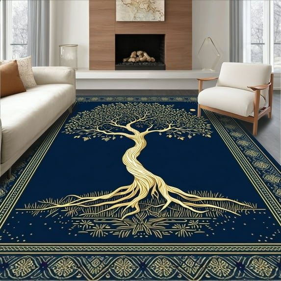 ODIKA 4'x6' Machine Washable Non-Slip Area Rug, Luxurious Oceanic Tree Symbol High Traffic Rug, Blue, 33701