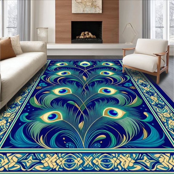 ODIKA 4'x6' Machine Washable Non-Slip Area Rug, Luxurious Peacock Inspired Swirl Designer Artistic Accent High Traffic Rug, Blue, 135567