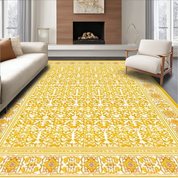 ODIKA 5'x7' Machine Washable Non-Slip Area Rug, Luxurious Warm Tones Composition High Traffic Rug, Yellow, 19686