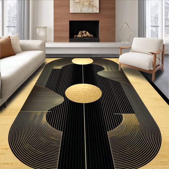 ODIKA 8'x10' Machine Washable Non-Slip Area Rug, Luxury Black & Gold Abstract Art High Traffic Rug, Black, 132535