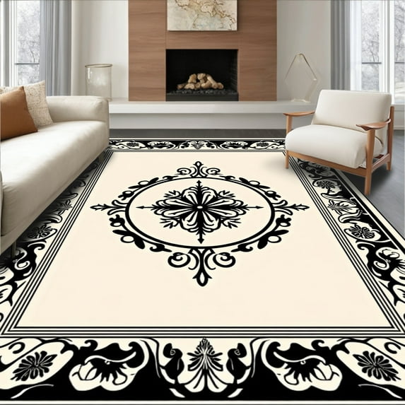 ODIKA 4'x6' Machine Washable Non-Slip Area Rug, Lyon with Verdant Scrollwork Motifs High Traffic Rug, Black, 312475