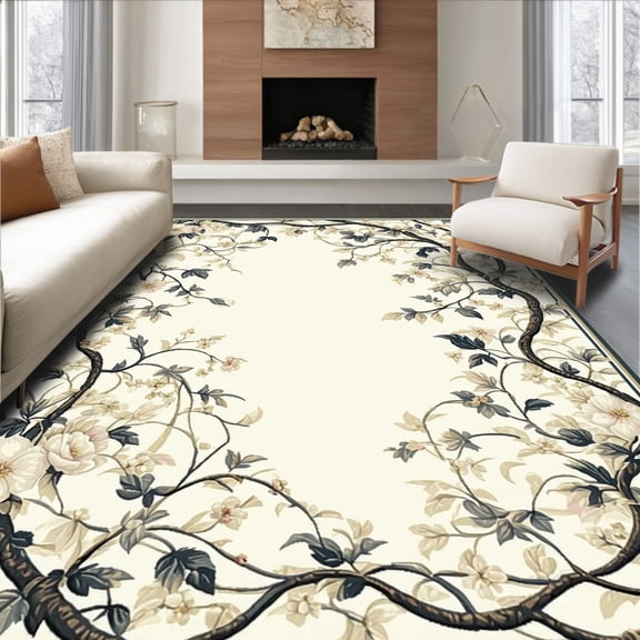 Flatwoven High Traffic Area Rug, Lyrical Floral Trellis Hand Hooked Oval, Non Slip, Stain Resistant, Washable Area Rugs for Living Room, Bedroom(Ivory, 4X6)