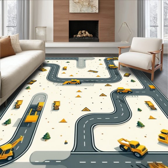 Flatwoven High Traffic Area Rug, Machine Cream and Gray Playful Road for Kids Play Zones, Non Slip, Stain Resistant, Washable Area Rugs for Living Room, Bedroom(Yellow, 2X3)