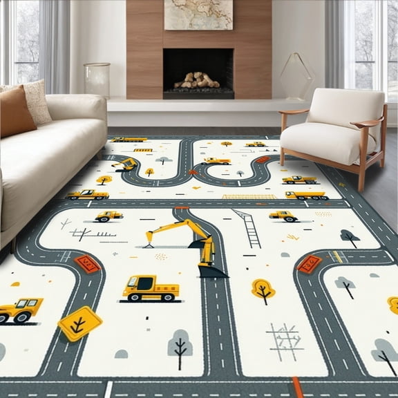 ODIKA 4'x6' Machine Washable Non-Slip Area Rug, Machine with Stylized Road Network Design High Traffic Rug, Yellow, 85587