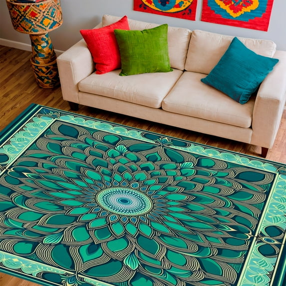 ODIKA 4'x6' Machine Washable Non-Slip Area Rug, Peacock Inspired Abstract Medallion Decorator Accent High Traffic Rug, Teal, 140611