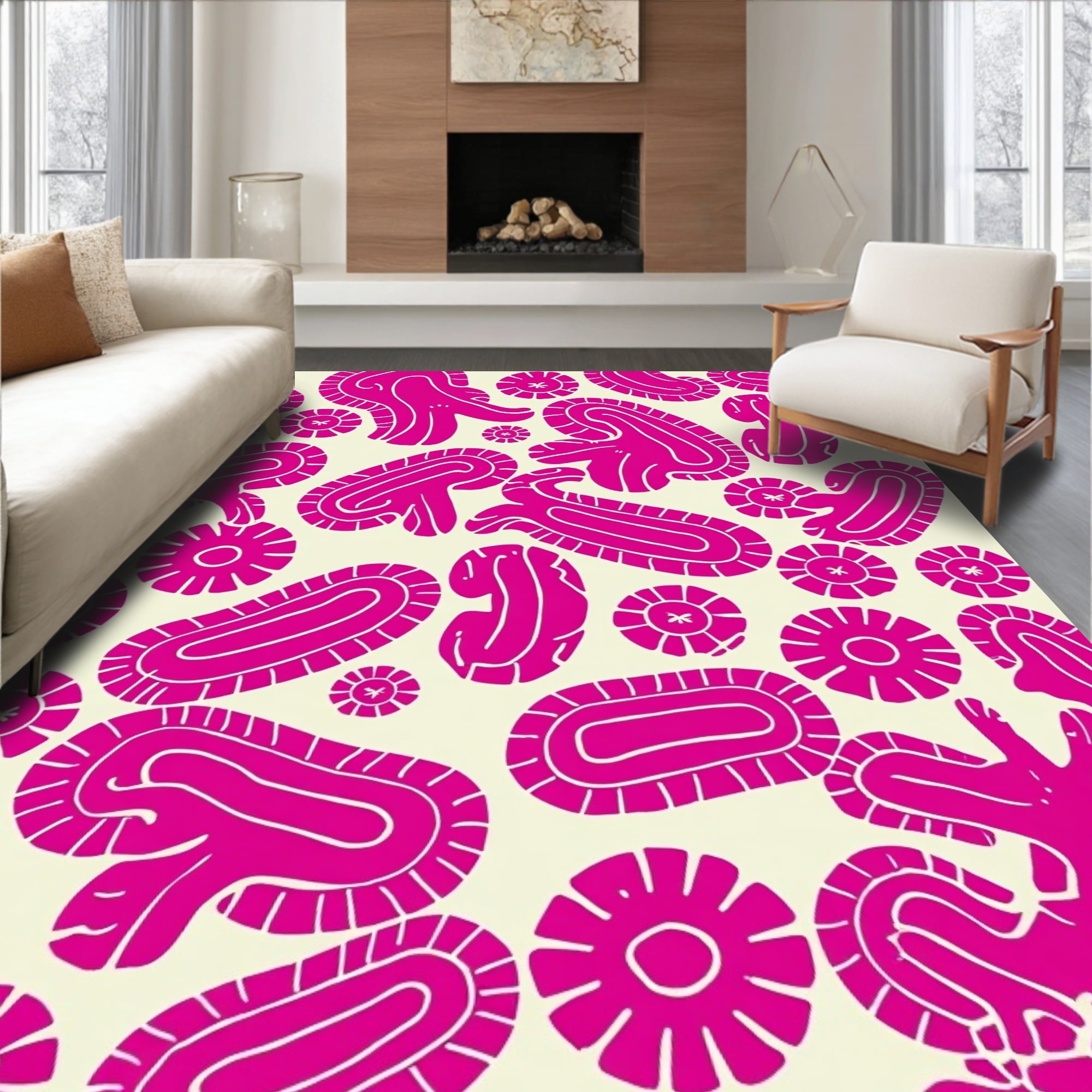 ODIKA 3'x5' Machine Washable Non-Slip Area Rug, Magenta & Ivory Animal ...