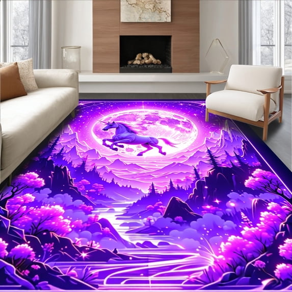 ODIKA 2'x3' Machine Washable Non-Slip Area Rug, Magical Radiant Animal Motif High Traffic Rug, Purple, 12322