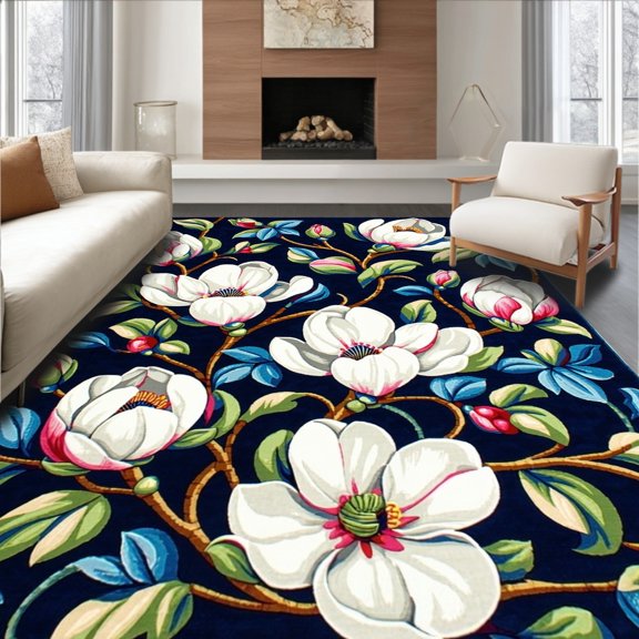 Flatwoven High Traffic Area Rug, Magnolia Bloom Floral Symphony, Non Slip, Stain Resistant, Washable Area Rugs for Living Room, Bedroom(Navy, 2X3)