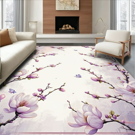 ODIKA 4'x6' Machine Washable Non-Slip Area Rug, Chinoiserie Herringbone Border Highlights High Traffic Rug, Lavender, 195767