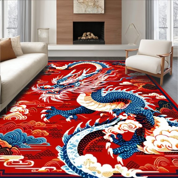 Flatwoven High Traffic Area Rug, Majestic Fiery Ice Duality Theme, Non Slip, Stain Resistant, Washable Area Rugs for Living Room, Bedroom(Red, 2X3)