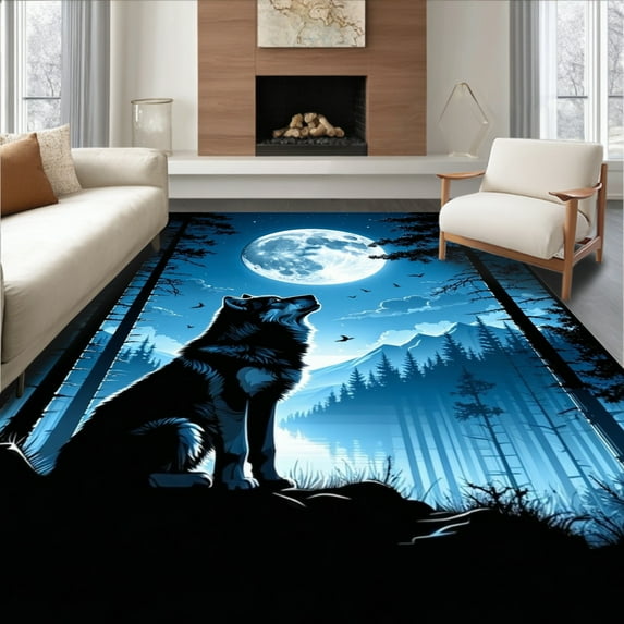 ODIKA 4'x6' Machine Washable Non-Slip Area Rug, Howling with Matching Pillowcase for High Traffic Rug, Blue, 108636