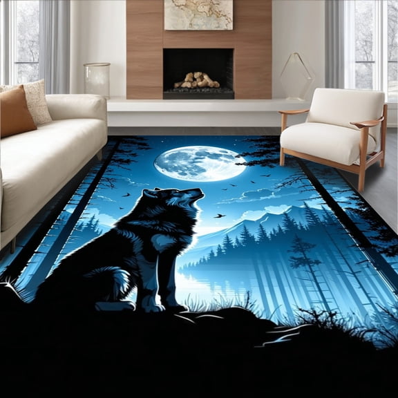 Flatwoven High Traffic Area Rug, Majestic Howling Wolf Area Rug with Matching Pillowcase Set for Western Decor, Non Slip, Stain Resistant, Washable Area Rugs for Living Room, Bedroom(Blue, 2X3)