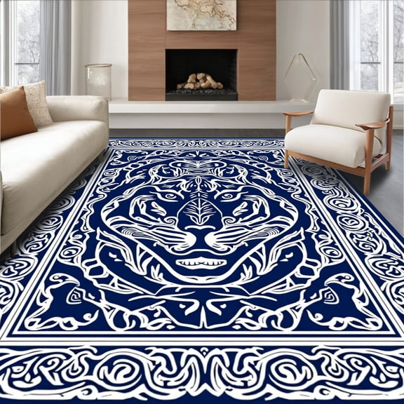 Flatwoven High Traffic Area Rug, Majestic Tibetan Tiger Design Area Mat with Striking, Non Slip, Stain Resistant, Washable Area Rugs for Living Room, Bedroom(Blue, 2X3)