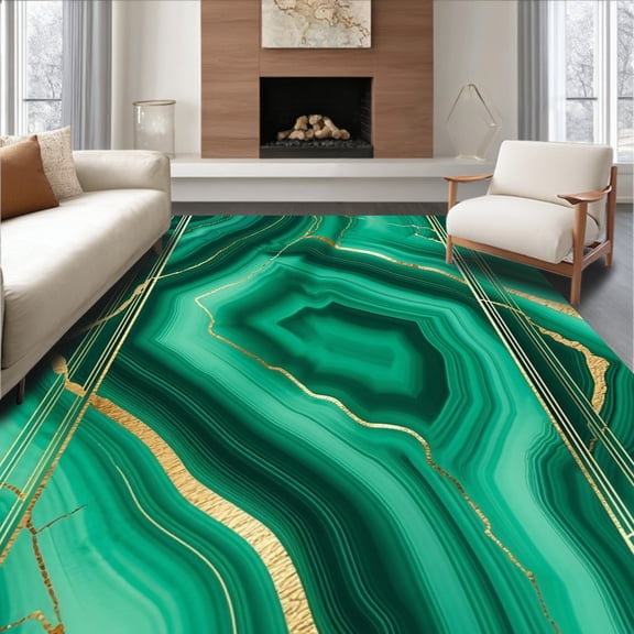 ODIKA 2'x3' Machine Washable Non-Slip Area Rug, Malachite Dream Green & Gold Accent High Traffic Rug, Green, 89029