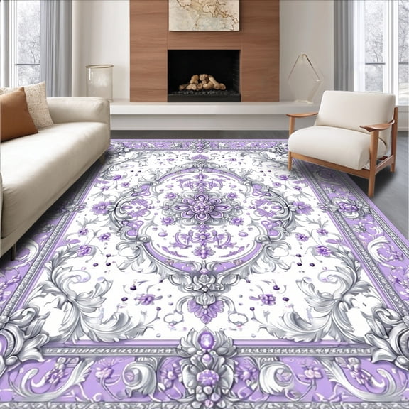 ODIKA 2'x3' Machine Washable Non-Slip Area Rug, Manor Eclipse Medallion with Lavandula Scrolls and Argent Pom Accents High Traffic Rug, Lavender, 195323