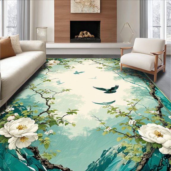 Flatwoven High Traffic Area Rug, Marble Blossom Herringbone With Uneven Eagle Motif, Non Slip, Stain Resistant, Washable Area Rugs for Living Room, Bedroom(Ivory, 2X3)