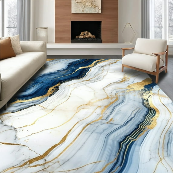 ODIKA 2'x3' Machine Washable Non-Slip Area Rug, Marble Vein Contemporary High Traffic Rug, Blue, 140664