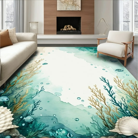 ODIKA 5'x7' Machine Washable Non-Slip Area Rug, Marine Life Medley Featuring Stylized Shells and Watercolor Hues High Traffic Rug, Teal, 282403