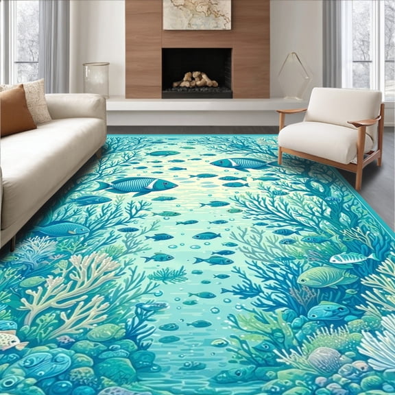 ODIKA 8'x10' Machine Washable Non-Slip Area Rug, Marine Life Motif with and Turquoise Intertwined High Traffic Rug, Teal, 282411