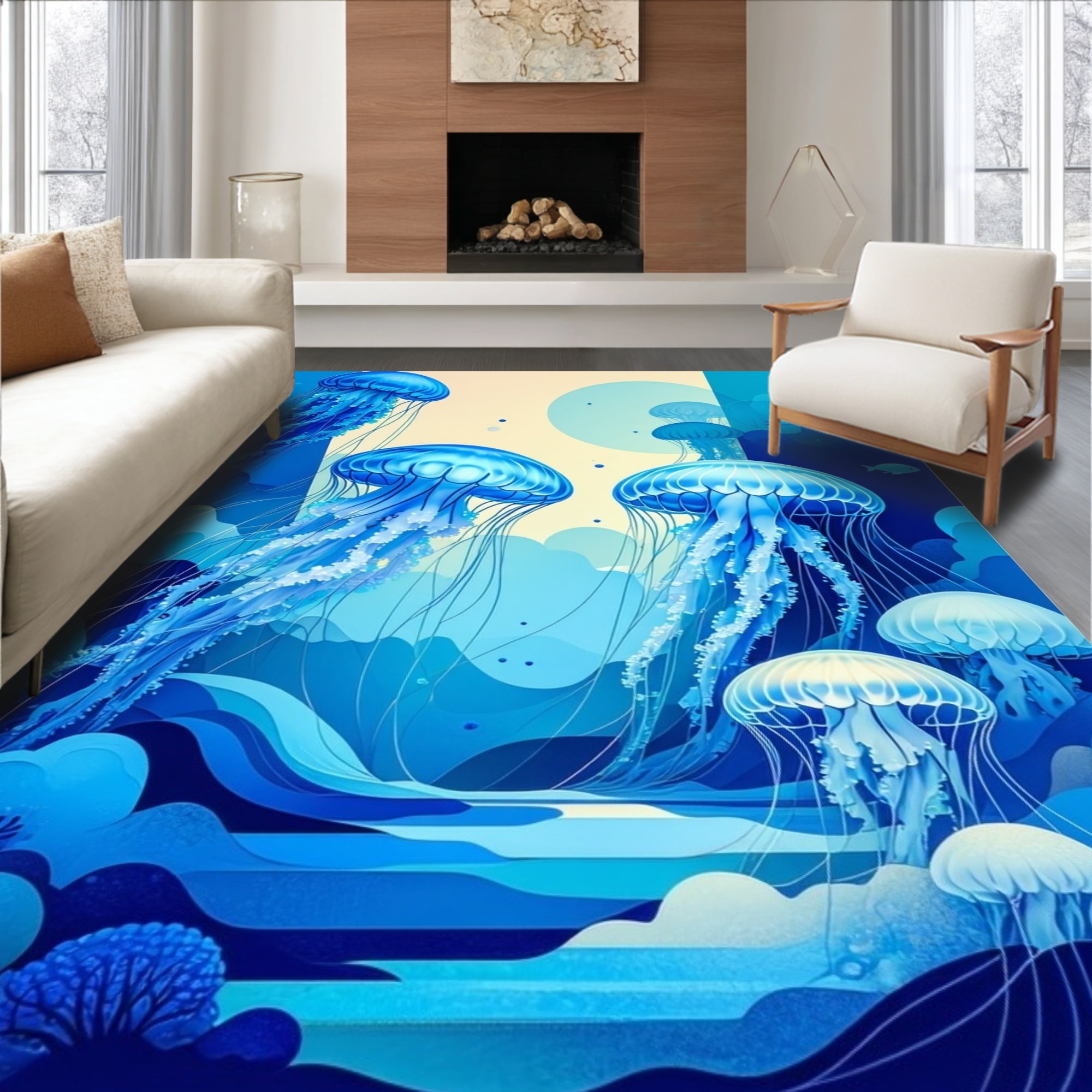Flatwoven High Traffic Area Rug, Marine Life Silhouettes Rug Featuring ...