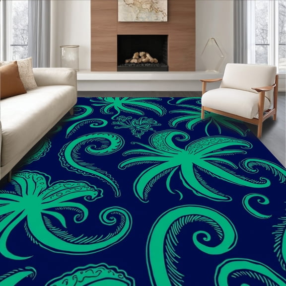 ODIKA 2'x3' Machine Washable Non-Slip Area Rug, Marine Life Tentacle Art With Nautical High Traffic Rug, Blue, 313794