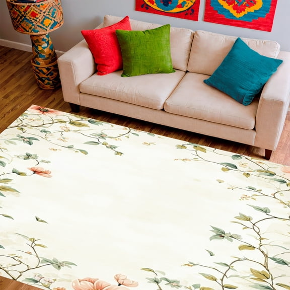 ODIKA 8'x10' Machine Washable Non-Slip Area Rug, Meadow Botanical with Delicate Wildflower Motifs and Flowing Vines High Traffic Rug, Ivory, 155273