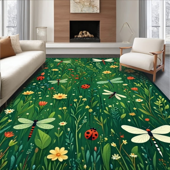 ODIKA 4'x6' Machine Washable Non-Slip Area Rug, Meadow Insect Symphony with Dragonfly and Ladybug Motifs High Traffic Rug, Green, 280216